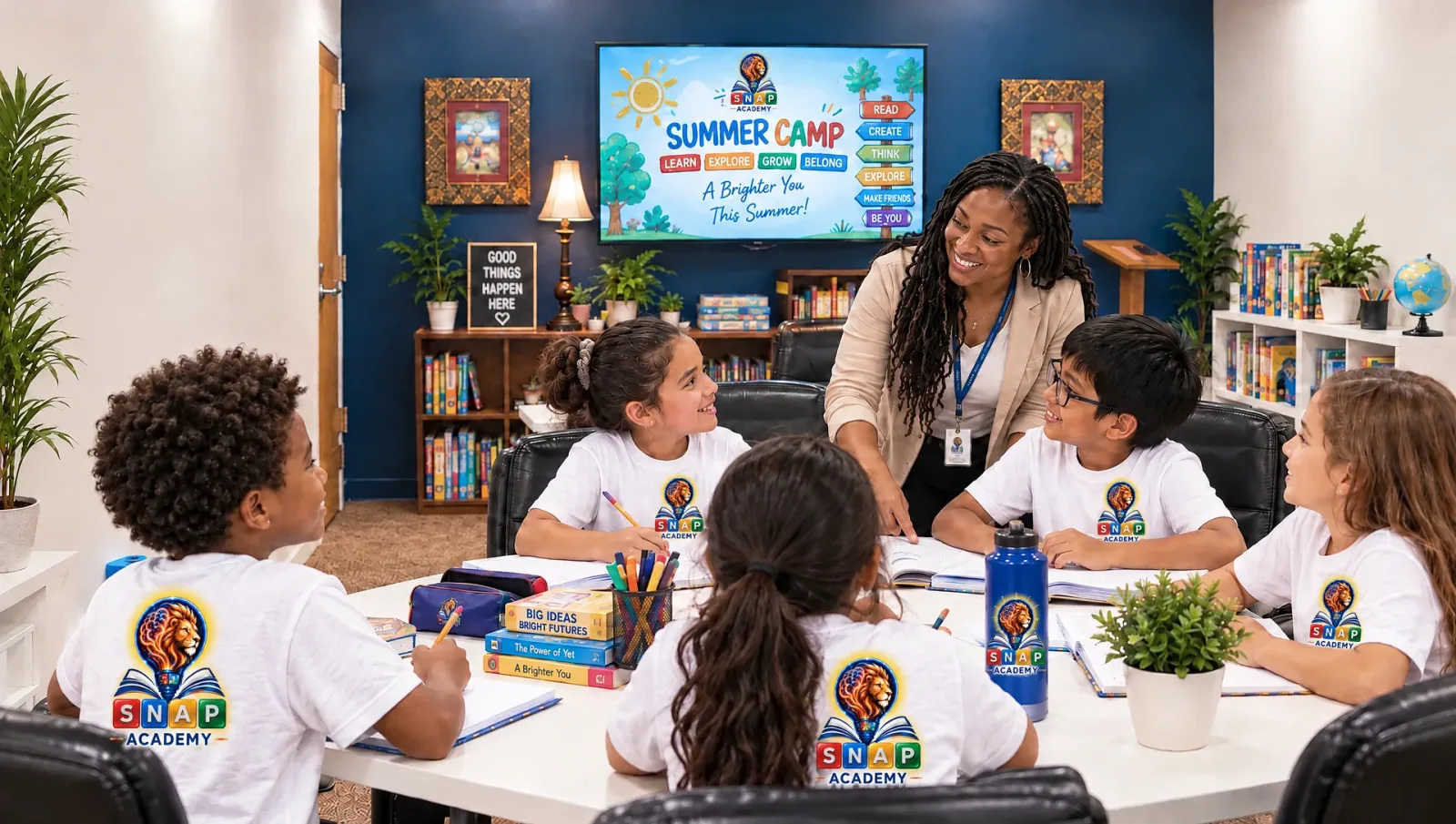 A teacher leaning over the table between children at work, talking with one of them, the screen behind her headed Summer Camp — learn, explore, grow, belong.