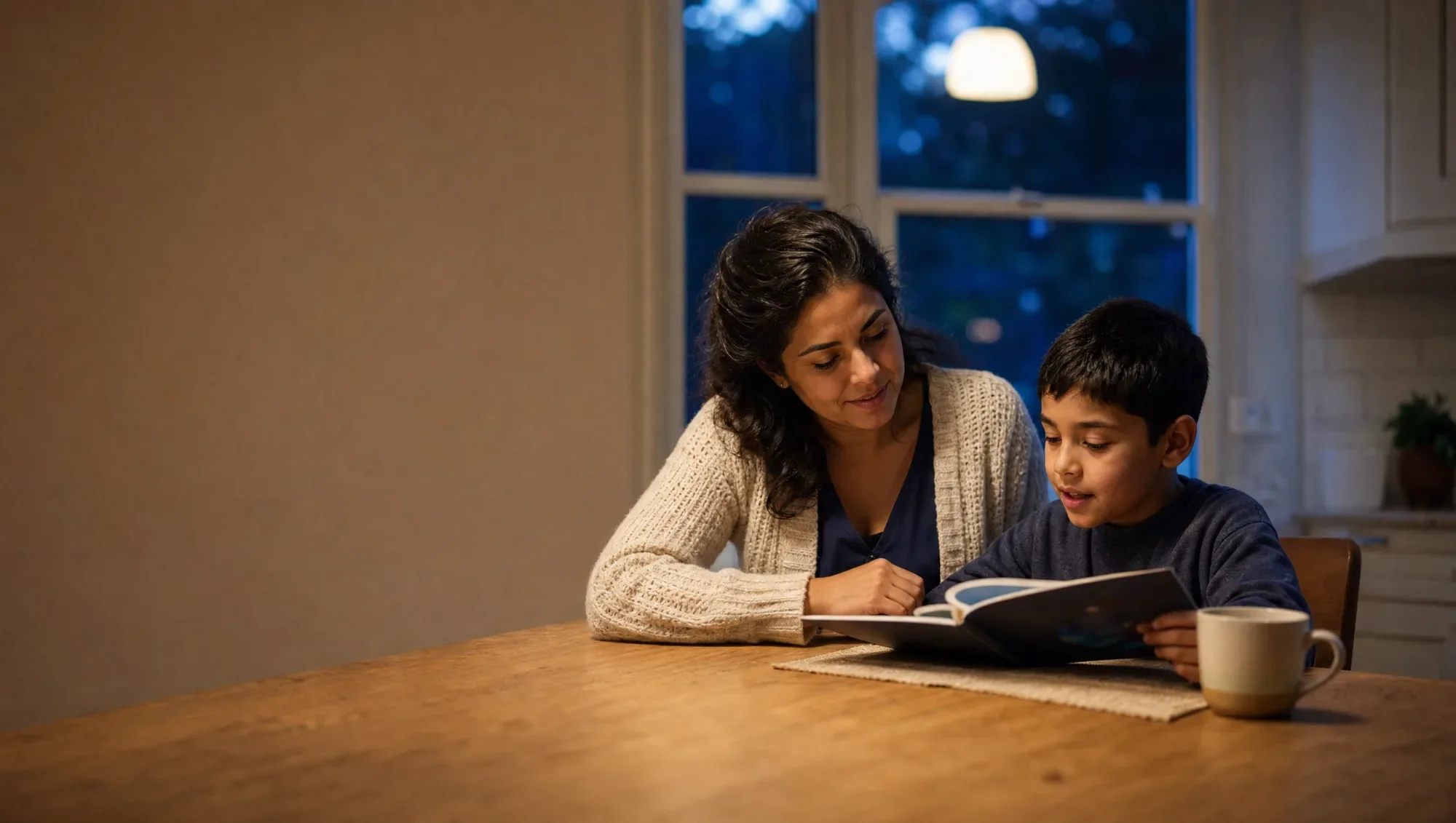 A parent sitting beside her son at the kitchen table in the evening as he reads aloud to her.