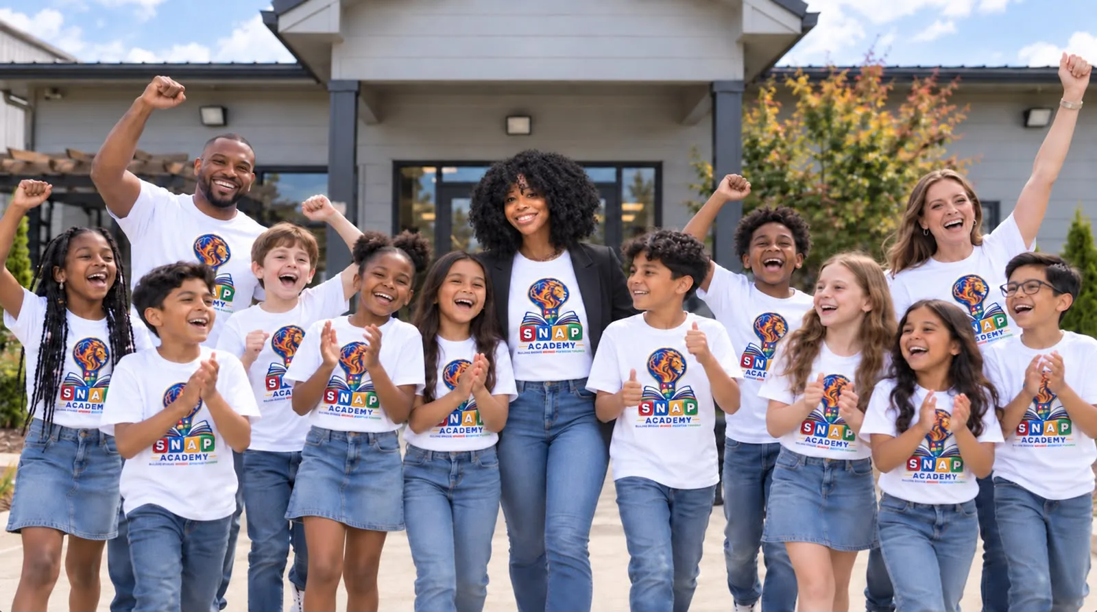 Students in S.N.A.P. Academy t-shirts walking towards the camera outside the academy, laughing and clapping, with their teachers cheering behind them.