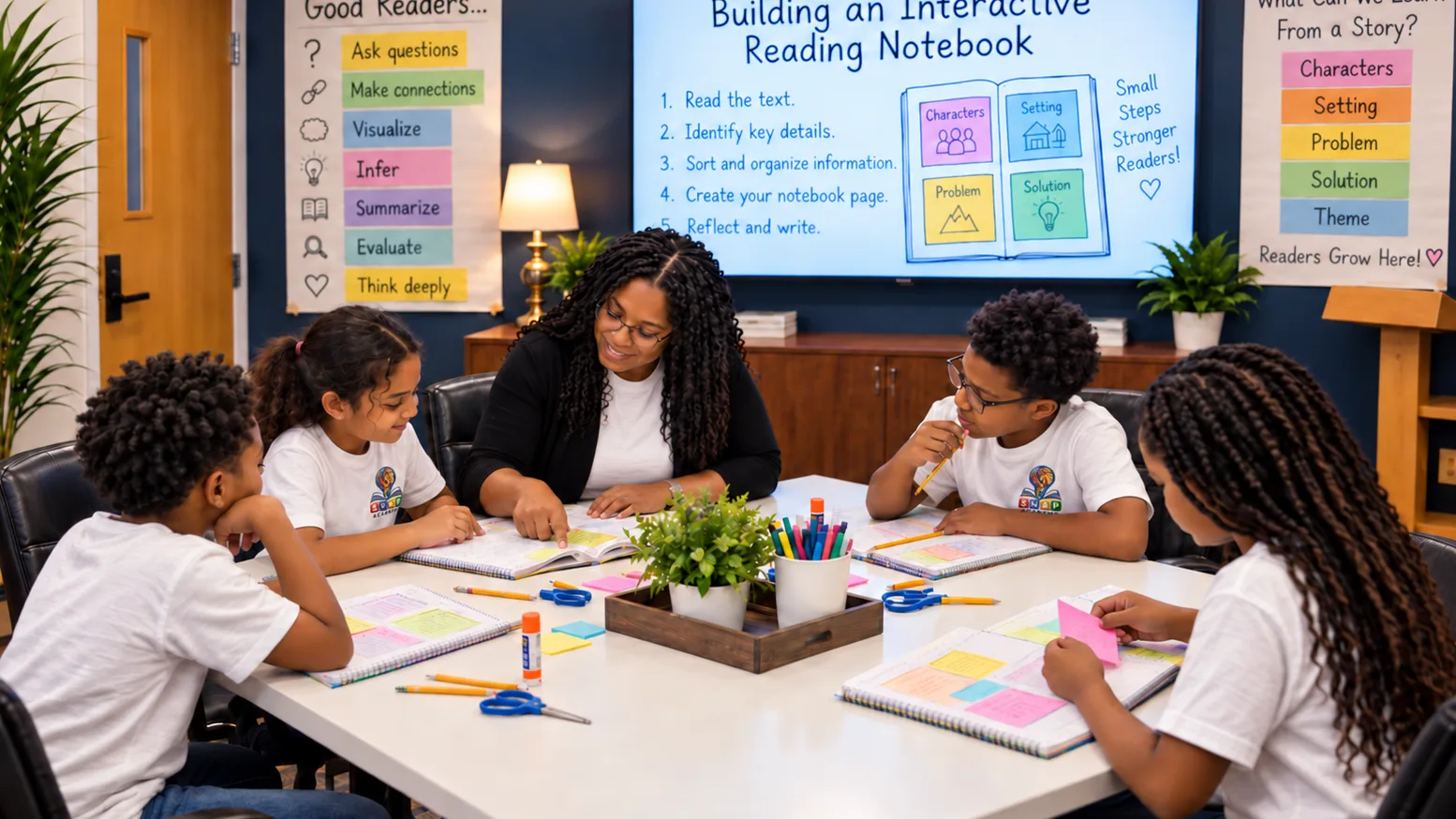 A teacher pointing at a page in an open notebook while the children around the table follow along, sticky notes, scissors and glue in front of them, the screen behind them headed Building an Interactive Reading Notebook.