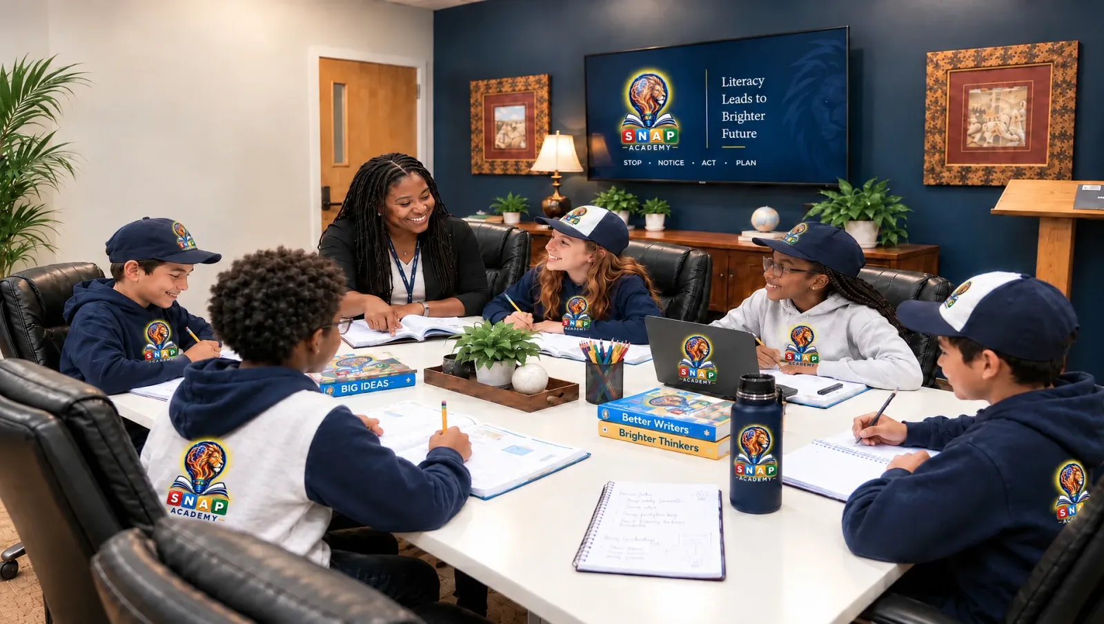 A teacher sitting at the table with an open book in front of her, smiling at the children in S.N.A.P. Academy hoodies and caps working around her, the screen behind them reading Literacy Leads to Brighter Future — stop, notice, act, plan.