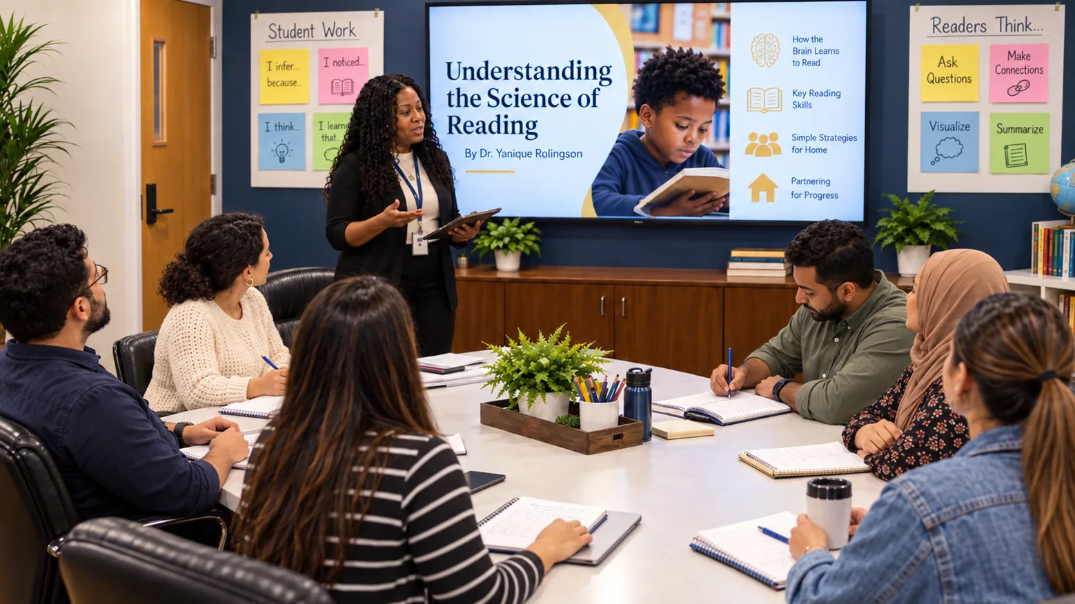 Parents and caregivers around the table with notebooks and pens, listening to a presenter holding a tablet, the screen behind her headed Understanding the Science of Reading — how the brain learns to read, key reading skills, simple strategies for home, partnering for progress.